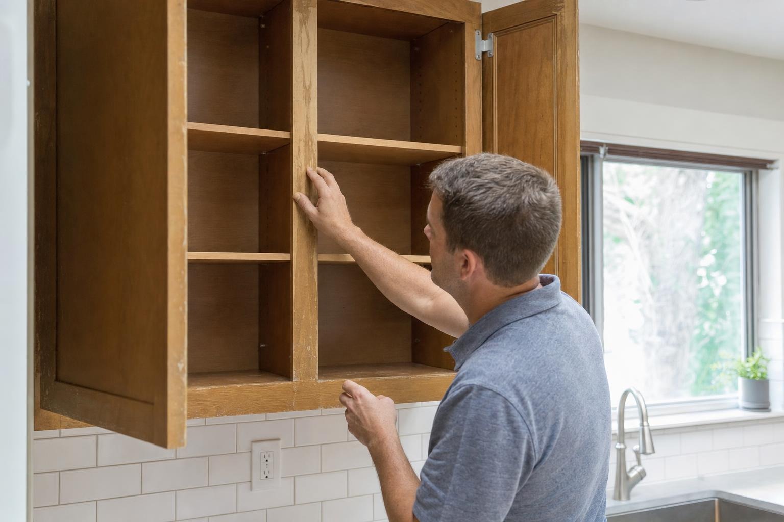 Inspect cabinet boxes - labeled photo showing run, cabinet number, and hinge close-up