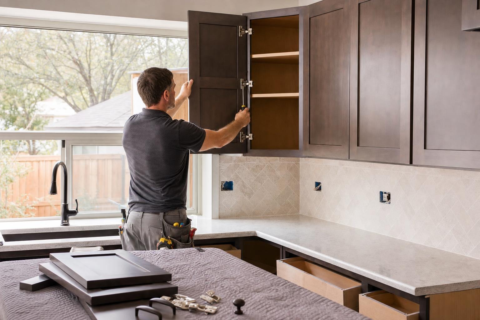 Close-up of refaced cupboard door and new concealed hinge