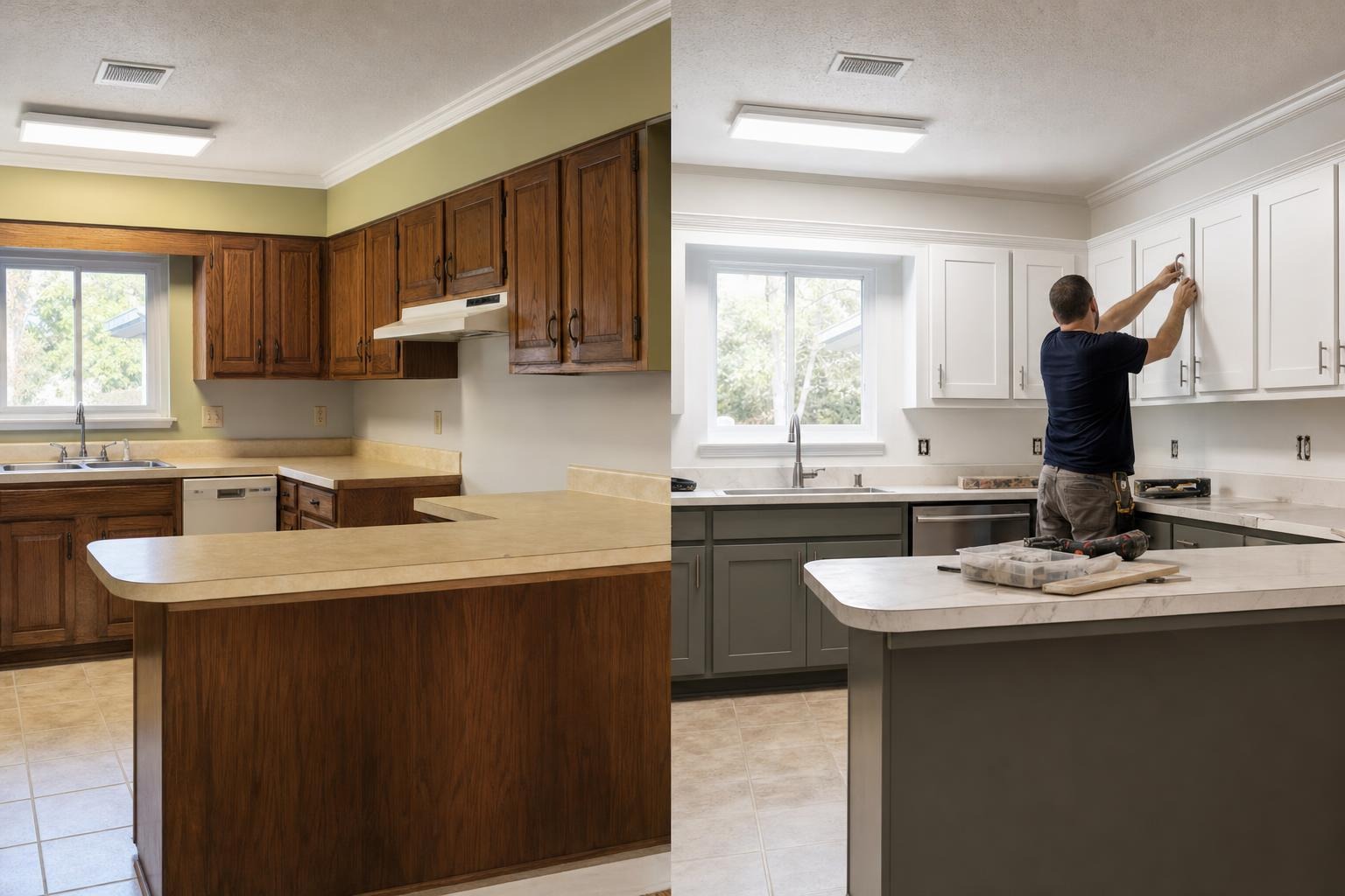 Before and after cabinet refacing showing refreshed doors and hardware