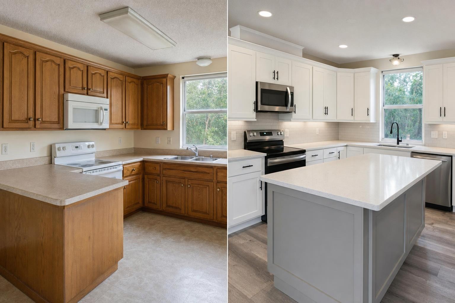 Before and after cabinet refacing in a coastal-style kitchen