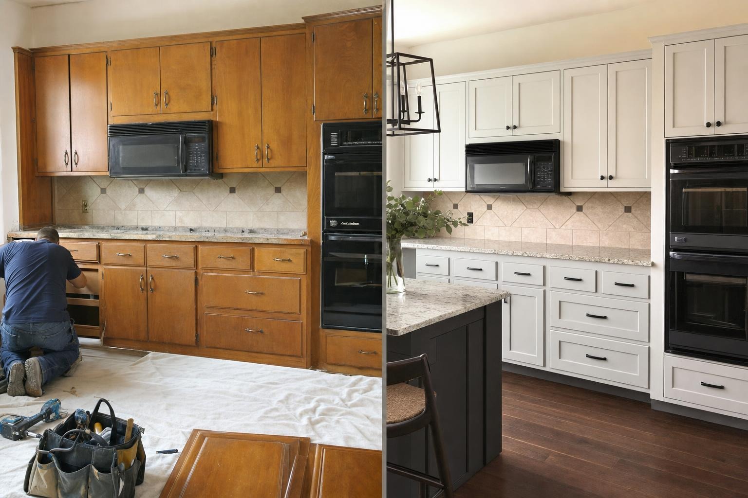 Before and after cupboard refacing in a Cedar Hill kitchen