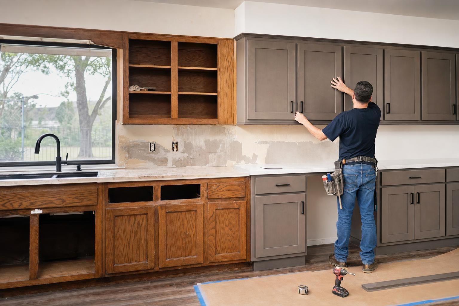 Before and after cupboard refacing in a residential kitchen