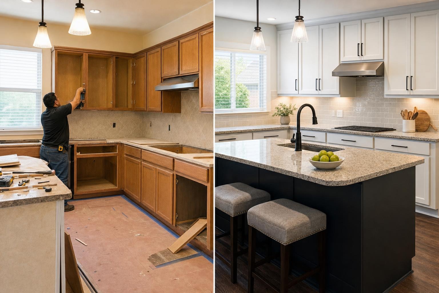 Before-and-after cupboard refacing in a suburban Duncanville kitchen